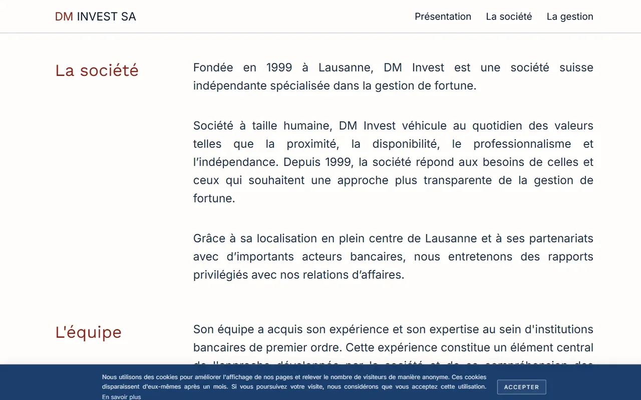 Page présentant la société et son histoire depuis 1999