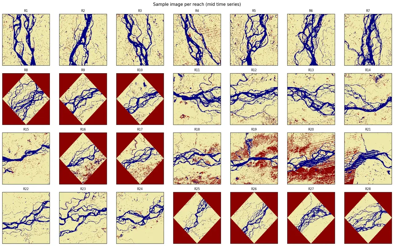 Planche d'images satellite exportées, un tronçon de rivière par vignette