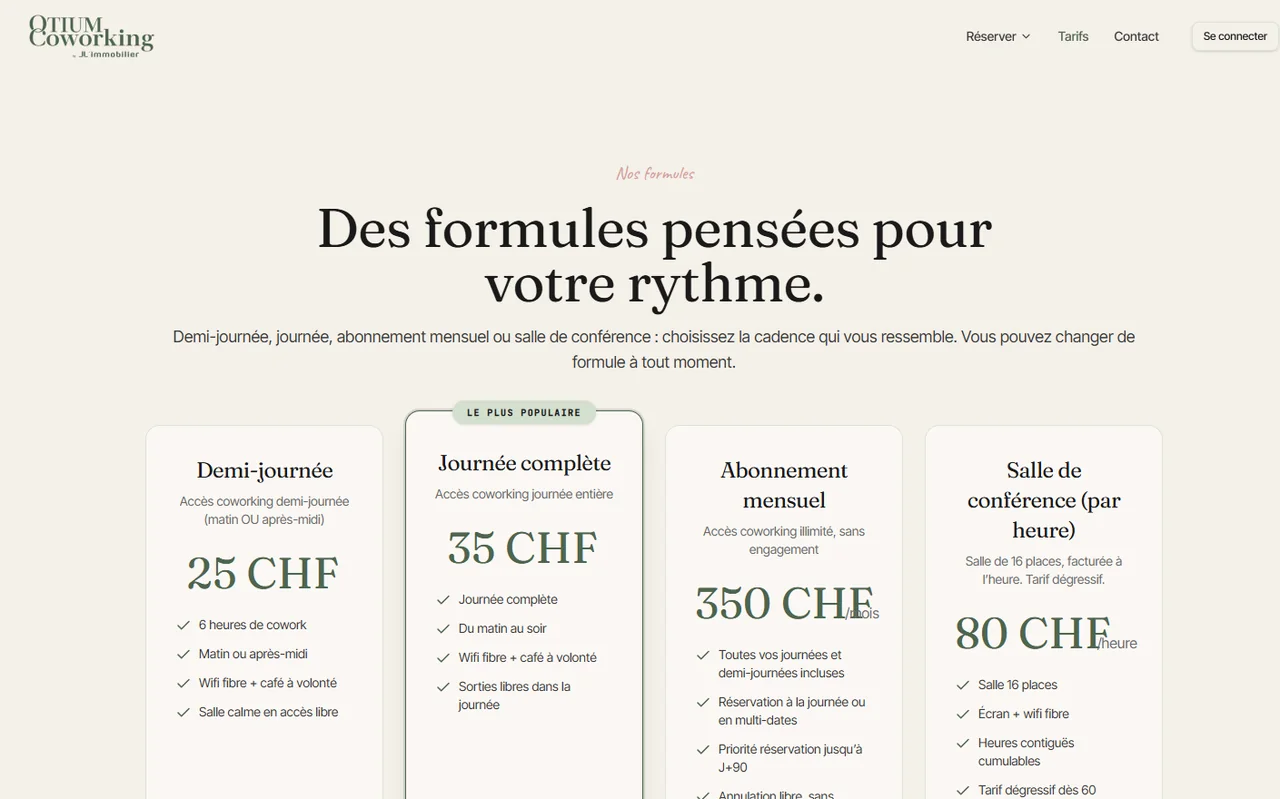 Grille tarifaire : demi-journée, journée, abonnement, salle de conférence