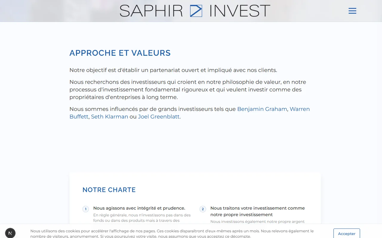 Page approche et valeurs, avec la charte de gestion