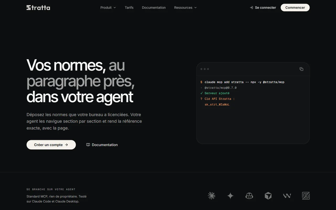 Page d'accueil de Stratta, avec la commande d'installation du serveur MCP
