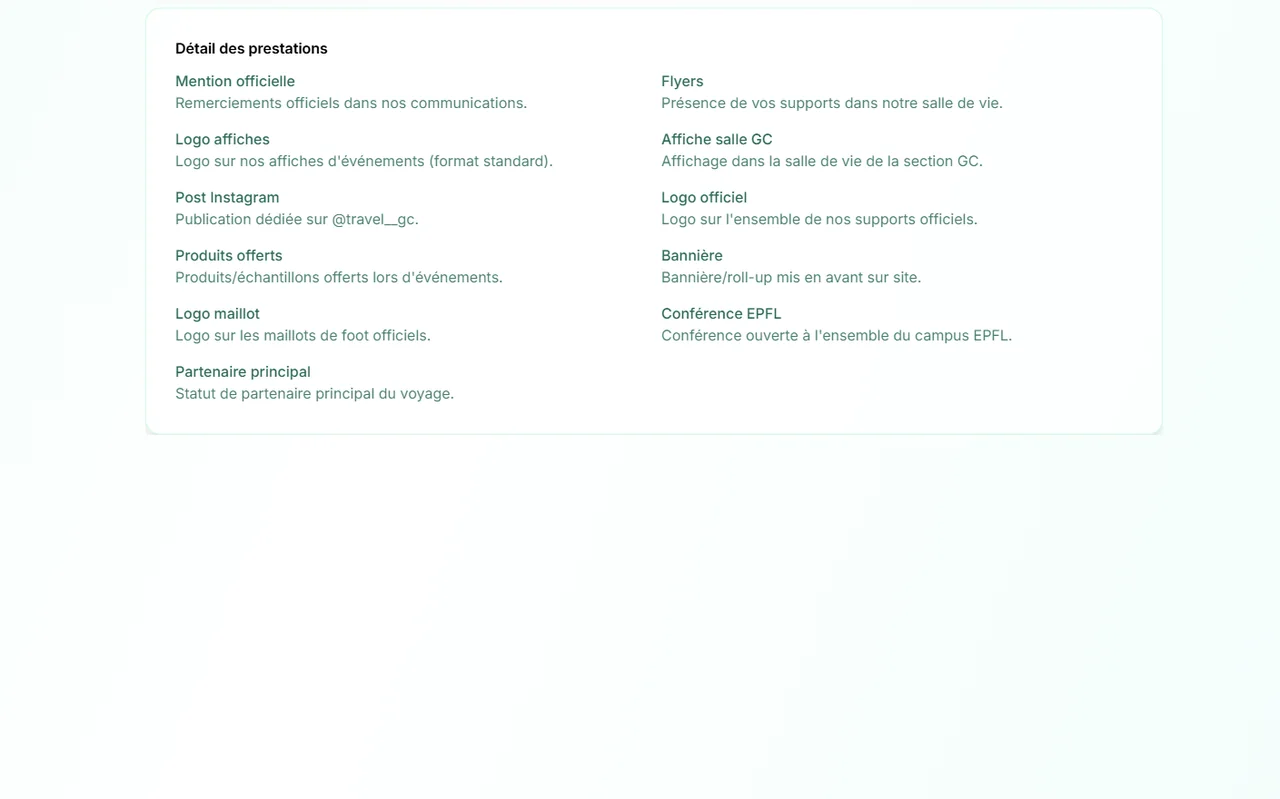 Tableau des formules de sponsoring et de leurs contreparties